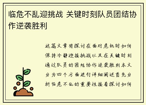 临危不乱迎挑战 关键时刻队员团结协作逆袭胜利