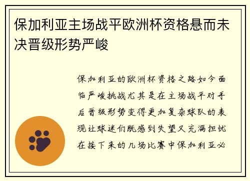 保加利亚主场战平欧洲杯资格悬而未决晋级形势严峻