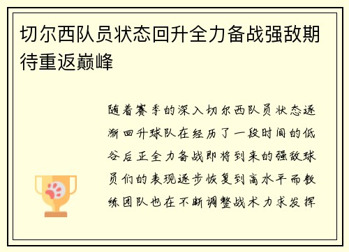 切尔西队员状态回升全力备战强敌期待重返巅峰