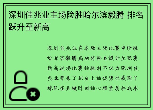 深圳佳兆业主场险胜哈尔滨毅腾 排名跃升至新高