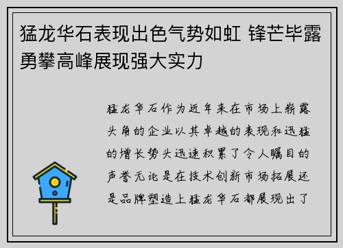 猛龙华石表现出色气势如虹 锋芒毕露勇攀高峰展现强大实力