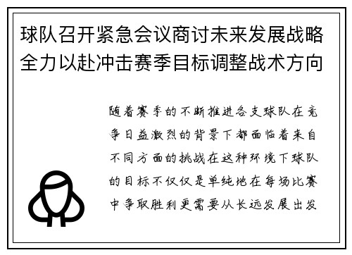 球队召开紧急会议商讨未来发展战略全力以赴冲击赛季目标调整战术方向