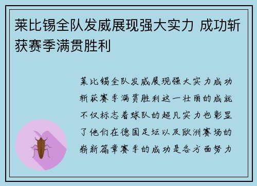 莱比锡全队发威展现强大实力 成功斩获赛季满贯胜利