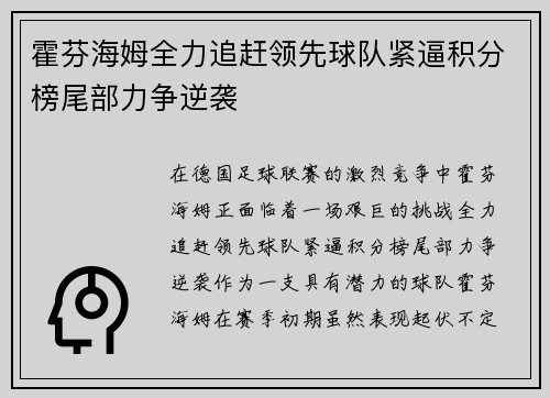 霍芬海姆全力追赶领先球队紧逼积分榜尾部力争逆袭